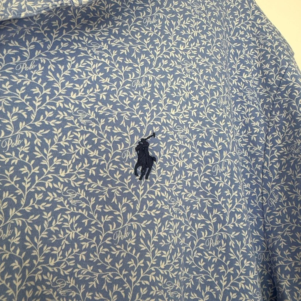 Polo Ralph Lauren Mens Large Blue White Leaf Print Classic Fit Golf Polo Shirt